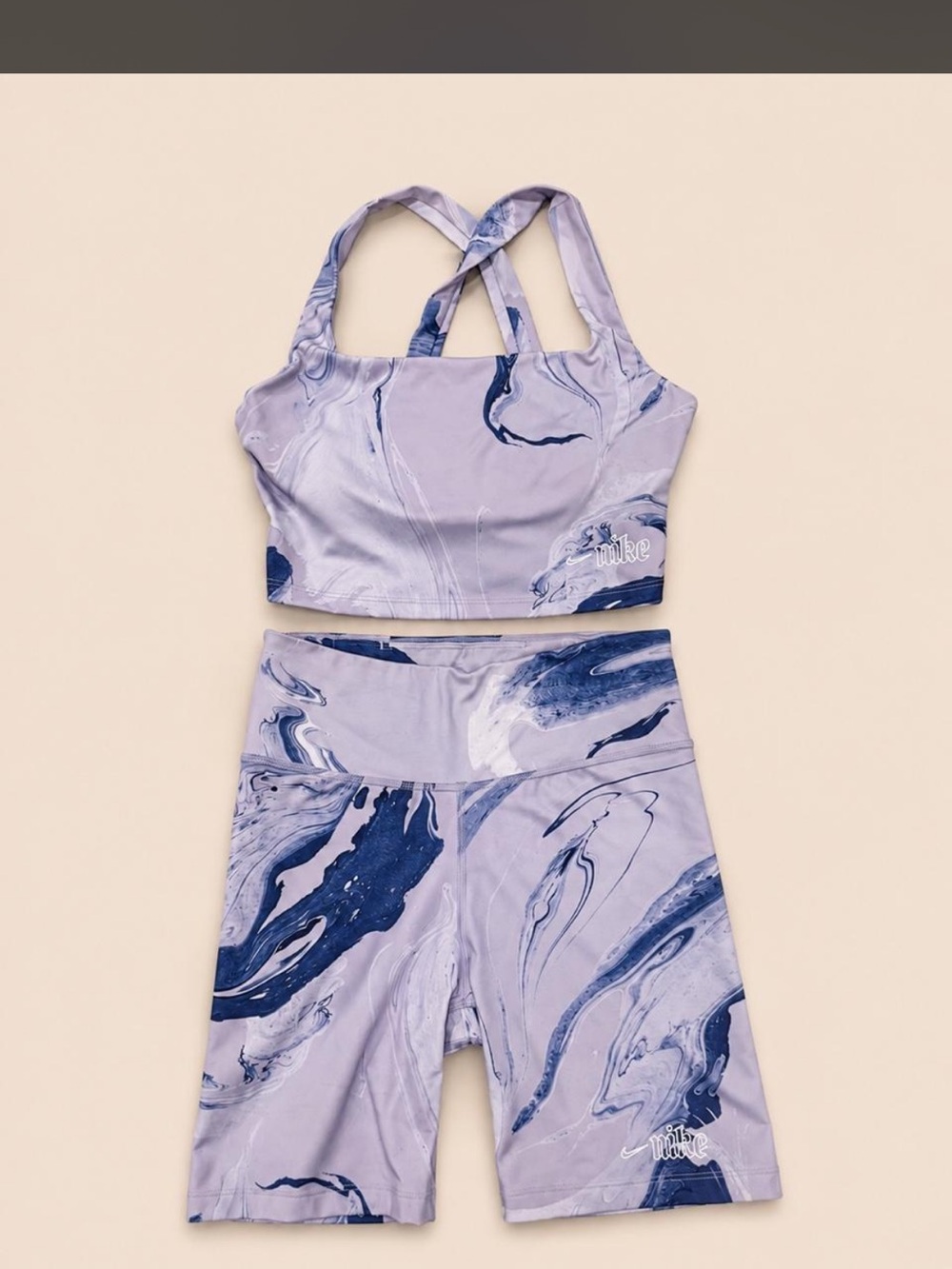 Nike Dry Fit Lavender Marble Print Sport  Crop Top & Biker Shorts Set
